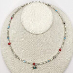 Handmade Silver Beaded Necklace with Scosha Turquoise Eye Pendant